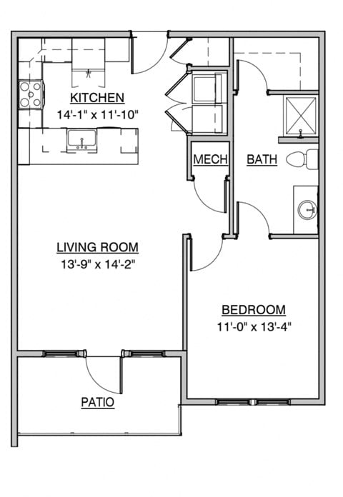 Floor plan for 1 bed, 1 bath, 750 sqft